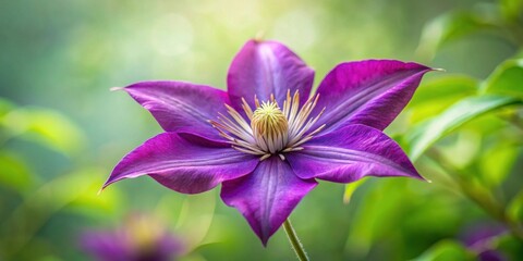 Poster - Vibrant Purple Clematis Blossom in a Lush Green Garden Setting