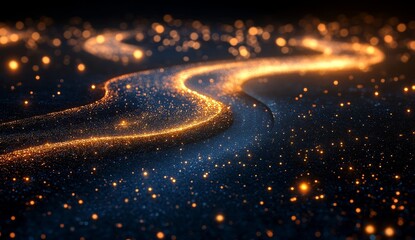 Glowing golden particles trail on dark background.