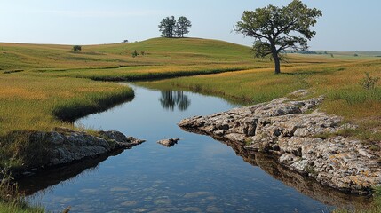 Wall Mural - Serene prairie stream, rolling hills, clear water, tranquil landscape, nature photography