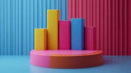 Poster - A colorful bar graph displayed on a circular base against a vibrant striped background, emphasizing data visualization.