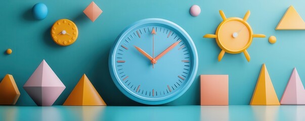 Poster - A colorful, modern clock surrounded by geometric shapes against a turquoise background, creating a playful and vibrant atmosphere.