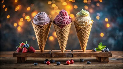Poster - Three delectable ice cream cones on a rustic wooden stand with assorted berries