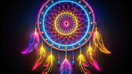 Poster - Vibrant Neon Dreamcatcher with Colorful Feathers Illuminated in the Dark