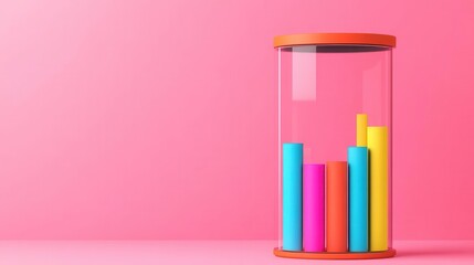 Poster - A vibrant glass container holds colorful cylindrical shapes against a pink background, creating a modern and playful aesthetic.