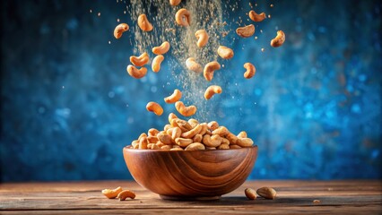 Poster - Roasted cashews falling into a wooden bowl on a rustic table against a textured blue backdrop