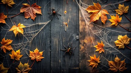 Poster - Autumnal Halloween Decor  Spiders and Fall Leaves on Dark Wood