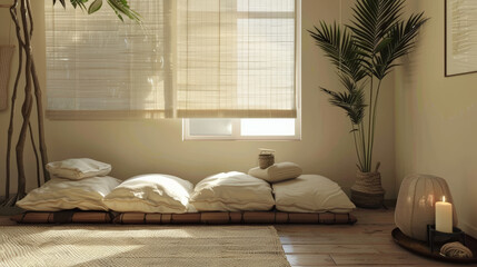 Wall Mural - Cozy zen inspired room with cushions, plants, and natural light