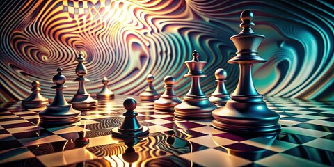 Poster - Strategic Chess Pieces on a Reflective Board in a Psychedelic Setting
