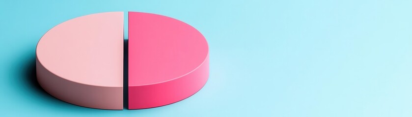 Poster - A half-pink, half-light pink pie chart on a blue background, symbolizing data representation or statistical analysis.