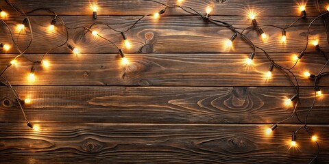 Poster - Warm String Lights on Rustic Wooden Surface for Festive Background