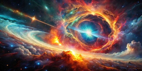 Poster - Cosmic Nebula A Fiery Celestial Event with Radiant Light and Star Trails