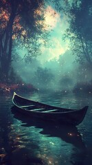 Wall Mural - Enchanted River: A Serene Boat on a Mystical Night