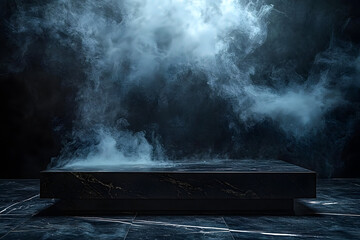 Wall Mural - a dark room with a black stone floor and an empty black marble table is filled with smoke, creating 