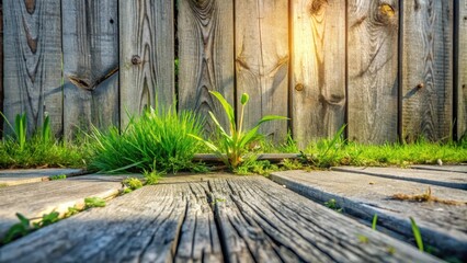 Aufkleber - A resilient sprout pushing through weathered wooden planks near a rustic fence