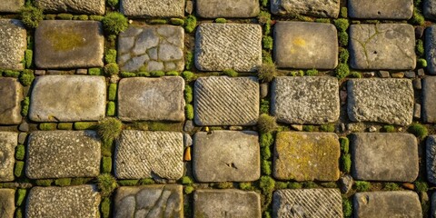 Fototapete - Ancient Stone Pavement with Lush Green Moss Growth