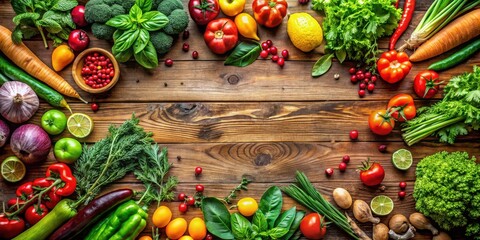 Poster - Vibrant assortment of fresh vegetables and herbs arranged on a rustic wooden surface