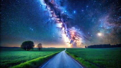 Wall Mural - asphalt road leading to a starry night sky with milky way and trees