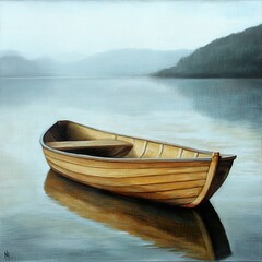 Wall Mural - Serene Lake Landscape: Wooden Rowboat at Dawn