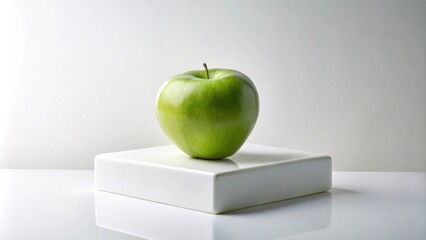 Aufkleber - A single green apple rests on a pristine white cube against a bright background