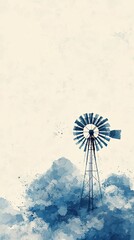 Wall Mural - World meteorological day concept, Serene Windmill Surrounded by Soft Blue Clouds on a Light Background for Tranquil Landscapes