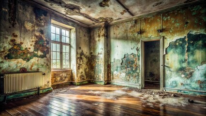 Aufkleber - A Sunlit Room in a Decaying Building, Showing the Passage of Time and Nature's Reclamation