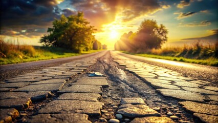 Poster - A Scenic Country Road at Sunset, Showing Texture and Golden Light