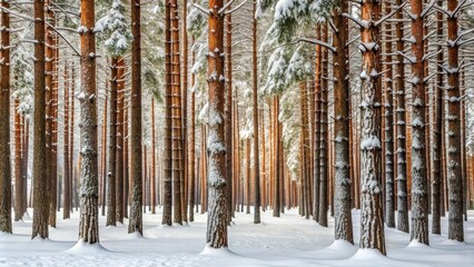 Aufkleber - Winter Wonderland Snow-Covered Pine Forest Scene with Sunlight Filtering Through the Trees