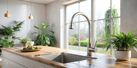 Poster - Modern kitchen design featuring a sleek stainless steel faucet and wood countertop