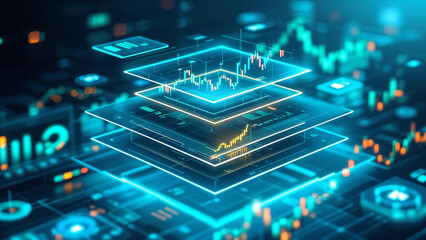 Poster - abstract background with hologram of financial charts and graphs, business concept . Generative AI