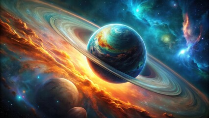 Wall Mural - a ringed planet amidst cosmic nebulae and glowing gas clouds