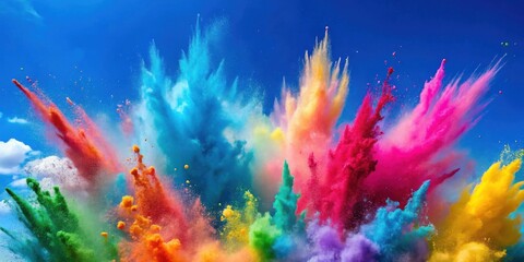 Leinwandbilder - Vibrant Color Explosion Against a Clear Blue Sky, A Festive Display of Powdered Pigments