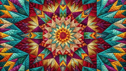 Poster - Vibrant Geometric Textile Design Featuring a Starburst Pattern in Rich Jewel Tones