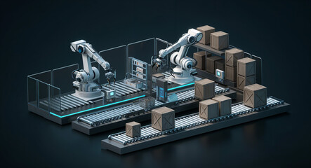 Poster - futuristic 3d concept of robotic assembly line . Generative AI