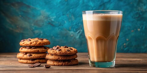 Poster - Aromatic Coffee Drink and Chocolate Chip Cookies on Rustic Wood