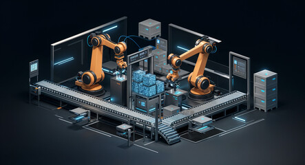 Poster - futuristic 3d concept of robotic assembly line . Generative AI