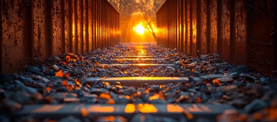 Wall Mural - Sunset view down railway tracks, gravel, golden hour. Travel, landscape photo