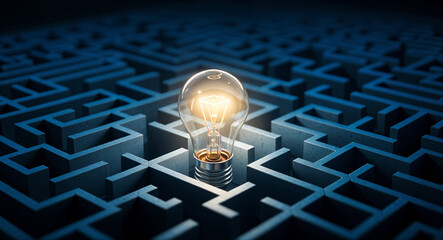 Poster - light bulb in the center of the labyrinth, business idea development . Generative AI