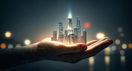 Poster - night city in the palm of your hand, business concept . Generative AI