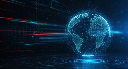Poster - abstract background with neon lines and planet hologram, business concept . Generative AI