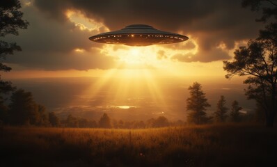 Poster - Mysterious UFO over a sunset landscape