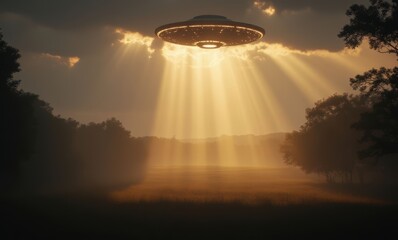 Poster - Mysterious UFO hovering over a misty landscape