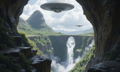 Poster - Futuristic landscape with UFOs above waterfall