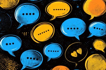 Wall Mural - Colorful Speech Bubbles Pattern with Dots and Hearts on Black Background for Communication and Social Media Concepts