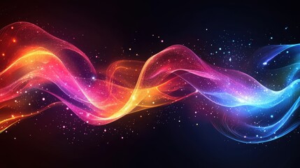 Poster - vibrant colorful swirling light waves with sparkling particles on dark background