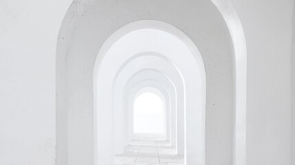 Poster - This captivating archway invites you into a world of tranquility, where a bright horizon merges with the pure white sky above