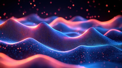 Poster - abstract neon waves with glowing particles in a vibrant fantasy landscape