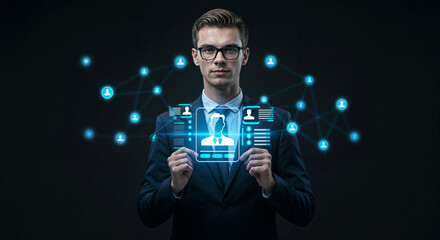 Poster - HR employee with holographic interface for selecting employees for hiring, HR concept . Generative AI