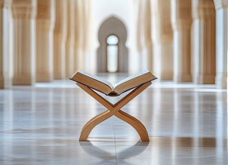 Photo of an open Quran on an iron stand in front of a mosque, with a blurry background and space for text or design.