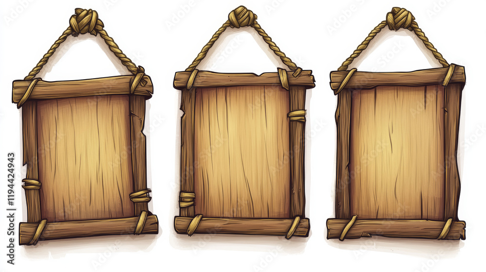 Wooden bamboo sign board frame game ui vector set. Wooden signboard ...