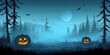 © Xolonavt - Spooky Halloween night in a forest landscape. Moonlit night with glowing pumpkins under the eerie mist. Silhouetted trees and bats enhance the eerie Halloween atmosphere. Perfect for autumn and